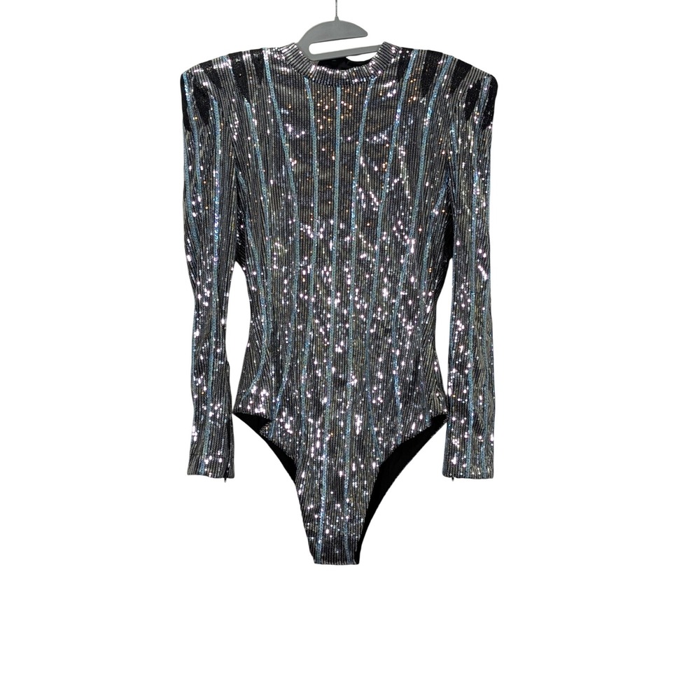 Sequin Bodysuit Black Silver Long Sleeve Shoulder Pads Back‎ Zip Glam
